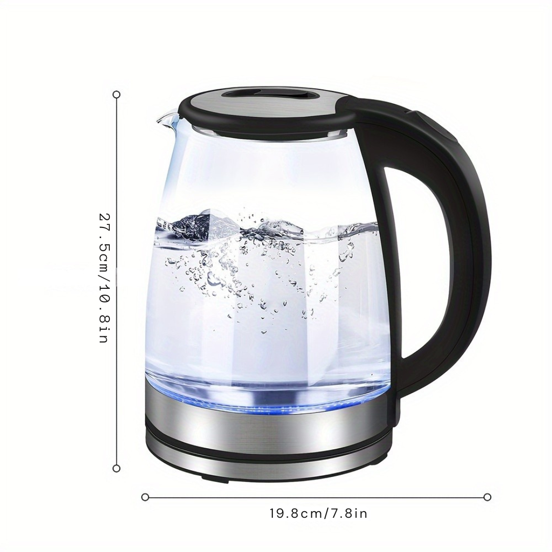 Bouilloire AquaElegance en verre lumineuse 2L sur un comptoir de cuisine moderne, prête à l'emploi.