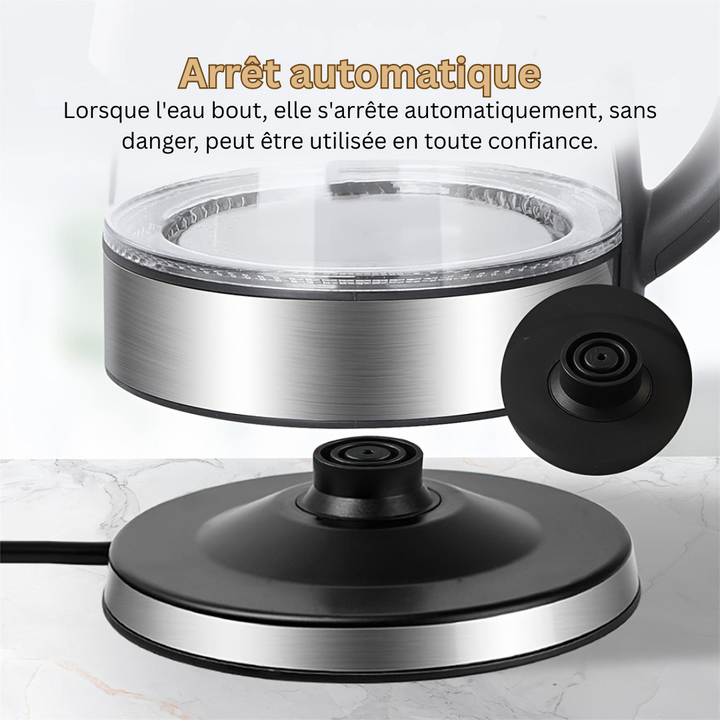 Bouilloire électrique AquaElegance 2L en verre avec système de sécurité et arrêt automatique.