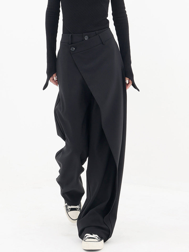 Pantalon asymétrique unique, coupe large pour femme, double boutonnage, style avant-garde.
