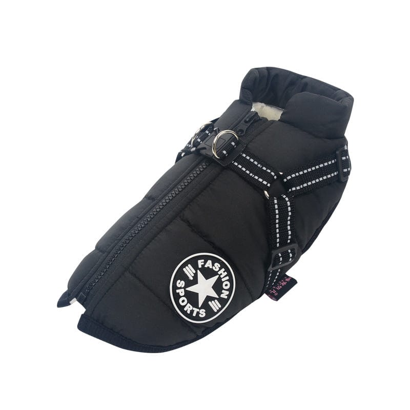 Veste d'hiver imperméable et chaude pour chien, harnais intégré, sécurité et confort. Protection animale.