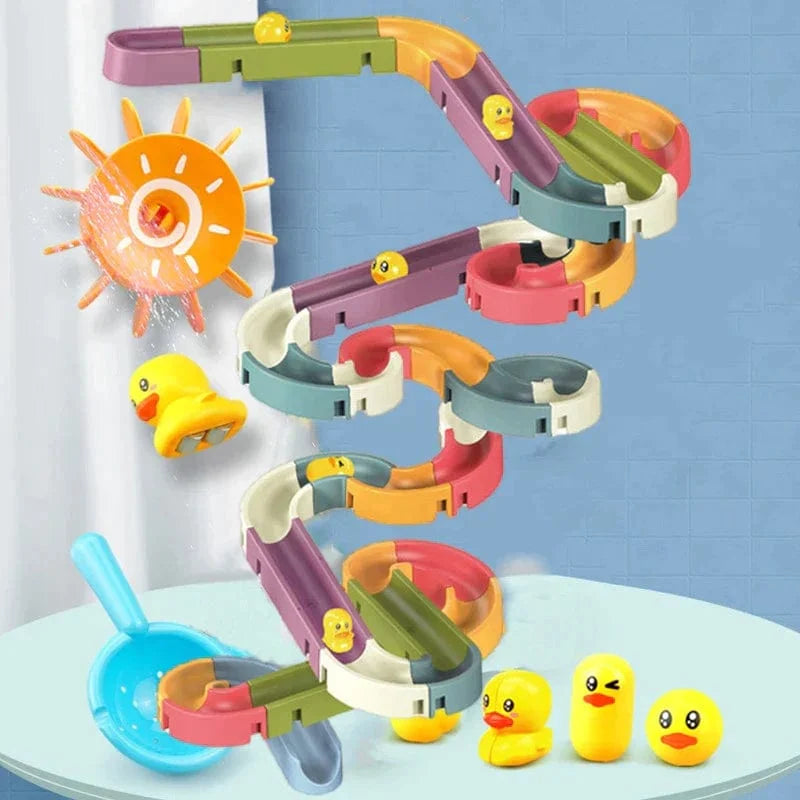Jouet de bain créatif avec canards et toboggans colorés pour enfants, idéal pour le jeu aquatique ludique.