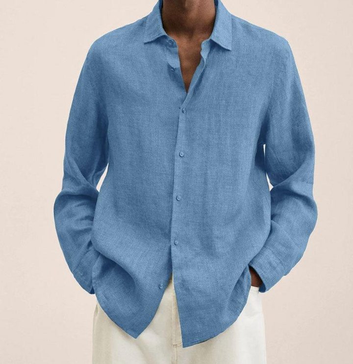 Chemise en lin homme, manches longues, respirante, pour un look décontracté chic.