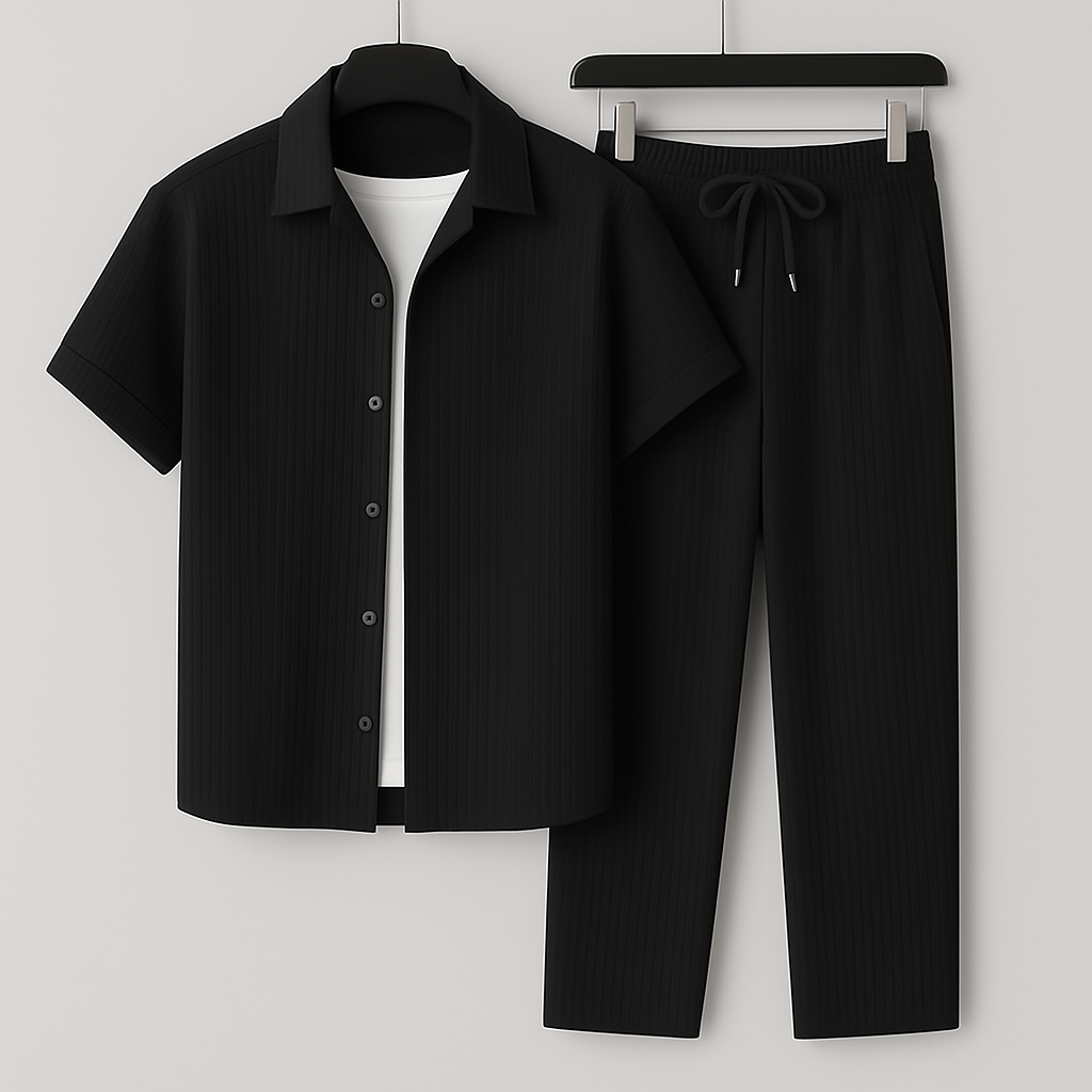 Ensemble homme effet lin léger: chemise et pantalon à cordon pour un look décontracté d'été ou de vacances.