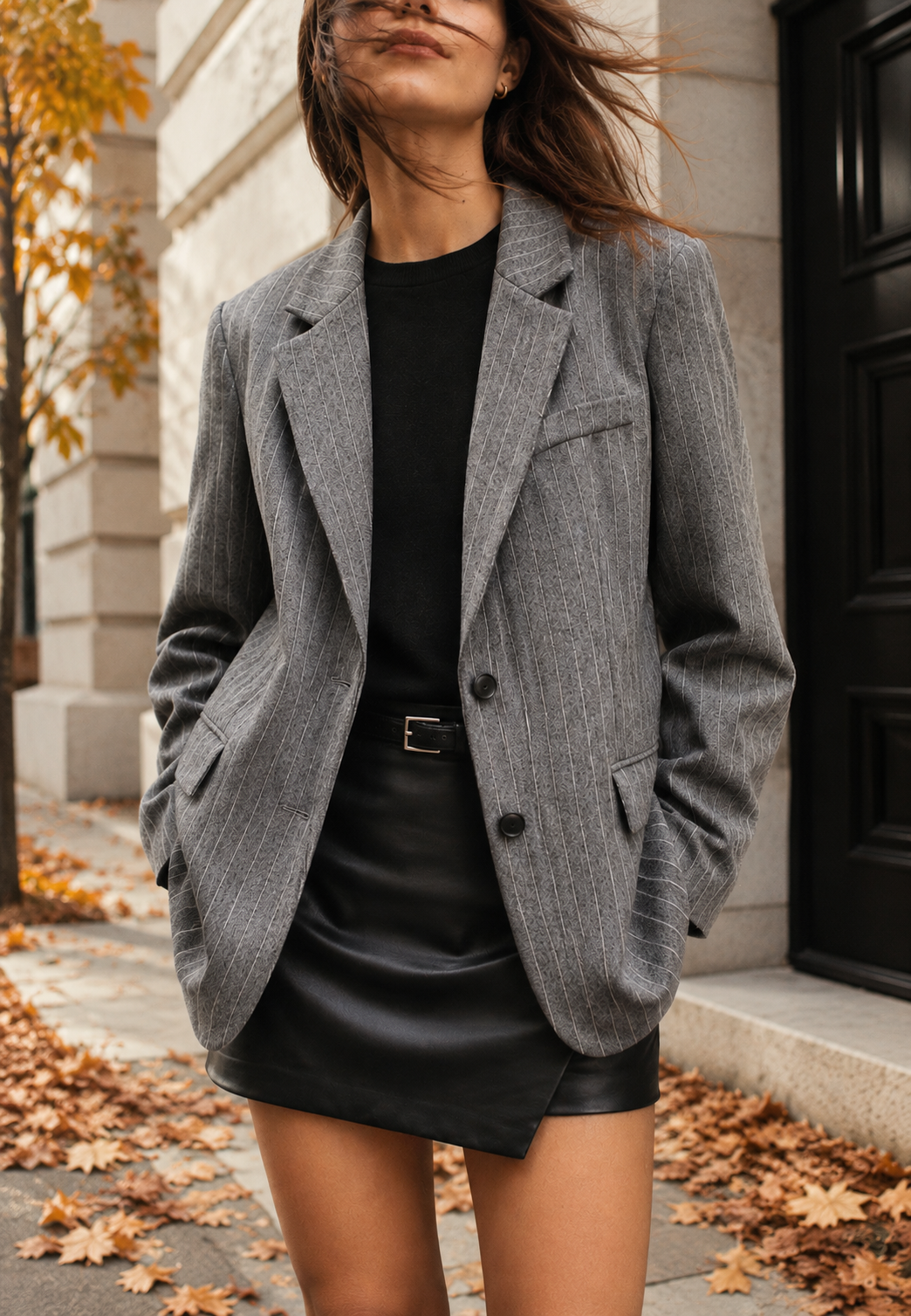 Blazer gris oversize femme, élégant et polyvalent, idéal pour un look bureau ou une tenue décontractée chic.