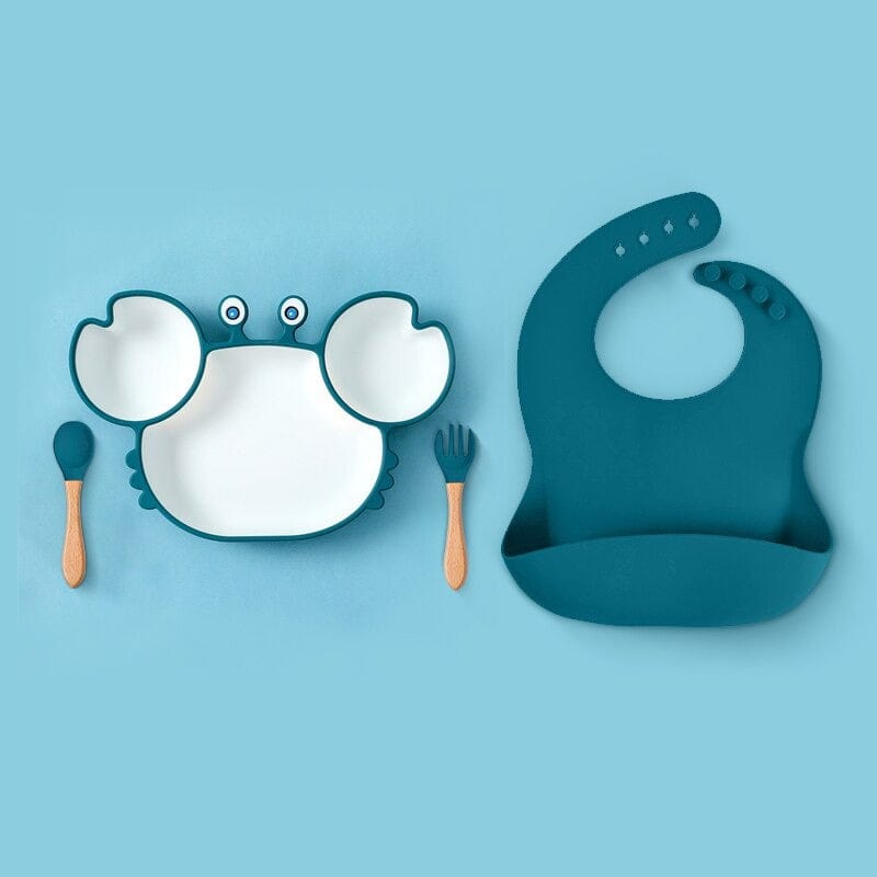 Accessoire repas bébé: assiette silicone crabe rouge, sans BPA. Conception antidérapante pour des repas tranquilles.