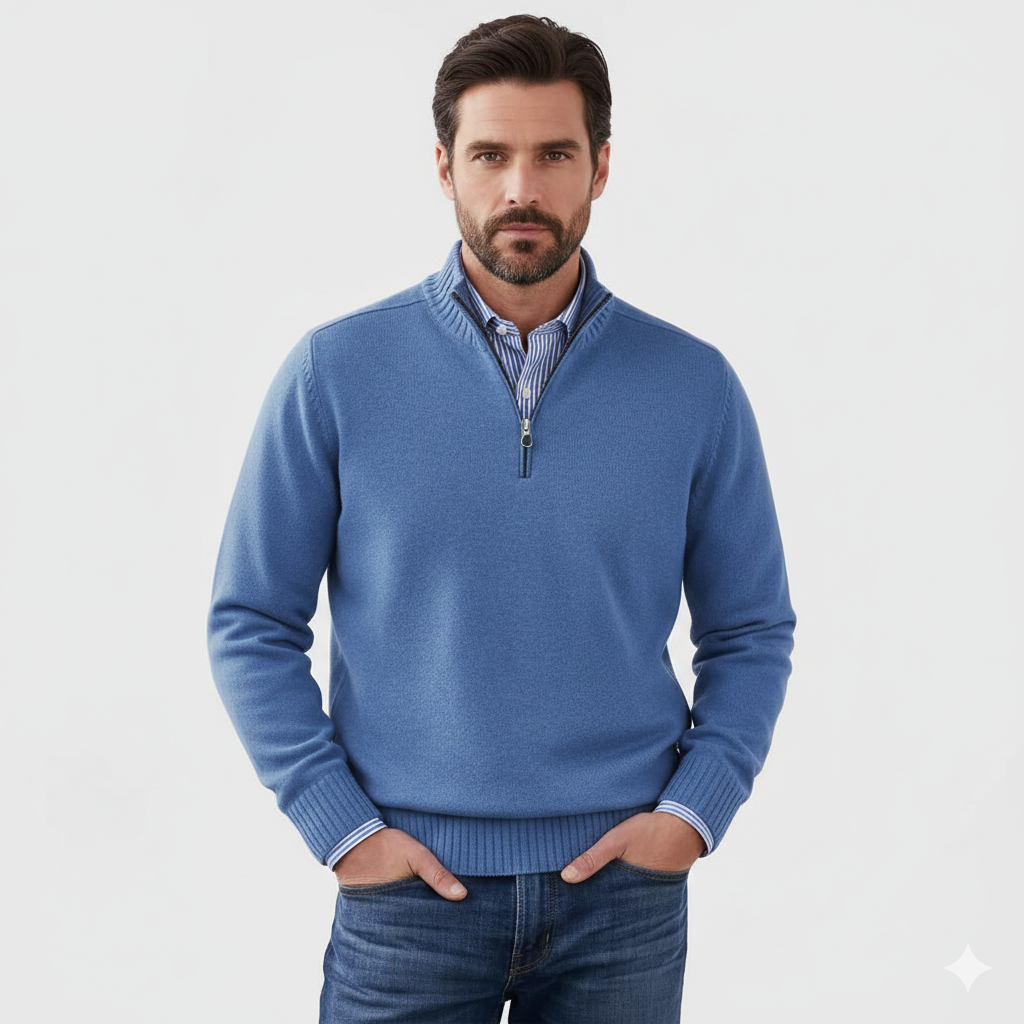 Profil d'un homme portant le pull Quarter-Zip. Coupe régulière flatteuse, vêtement doux et respirant pour confort optimal.