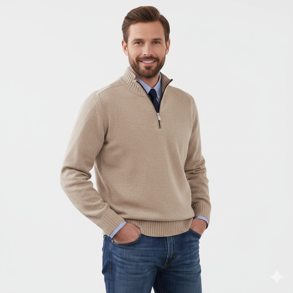 Texture gros plan du pull Quarter-Zip homme. Matière respirante et douce, gage de confort et d'élégance pour l'hiver.