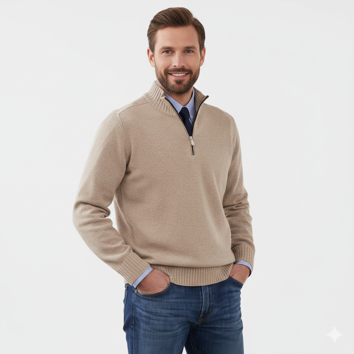 Texture gros plan du pull Quarter-Zip homme. Matière respirante et douce, gage de confort et d'élégance pour l'hiver.
