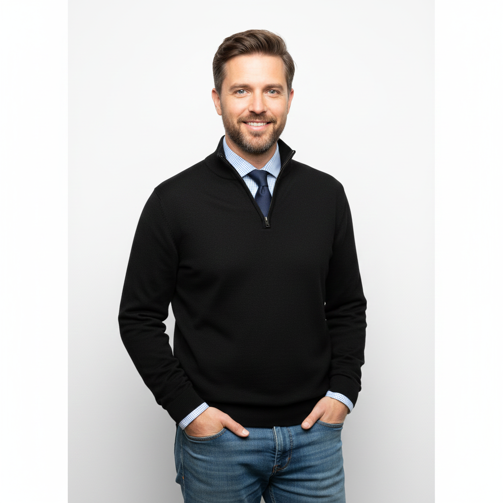 Homme portant un pull Quarter-Zip confortable et stylé. Chandail basique parfait pour les loisirs et la mode masculine.