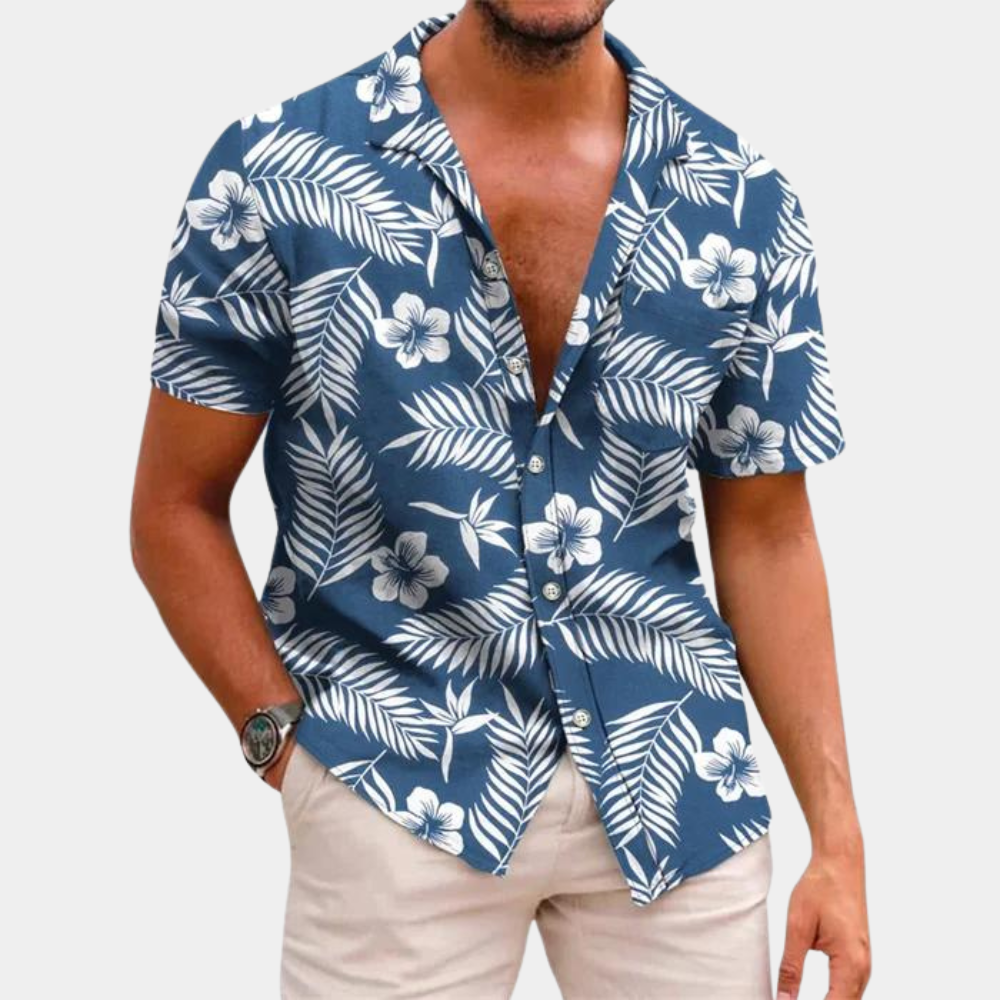 Chemise homme à manches courtes avec motif floral tropical, parfaite pour les vacances et la mode décontractée estivale.