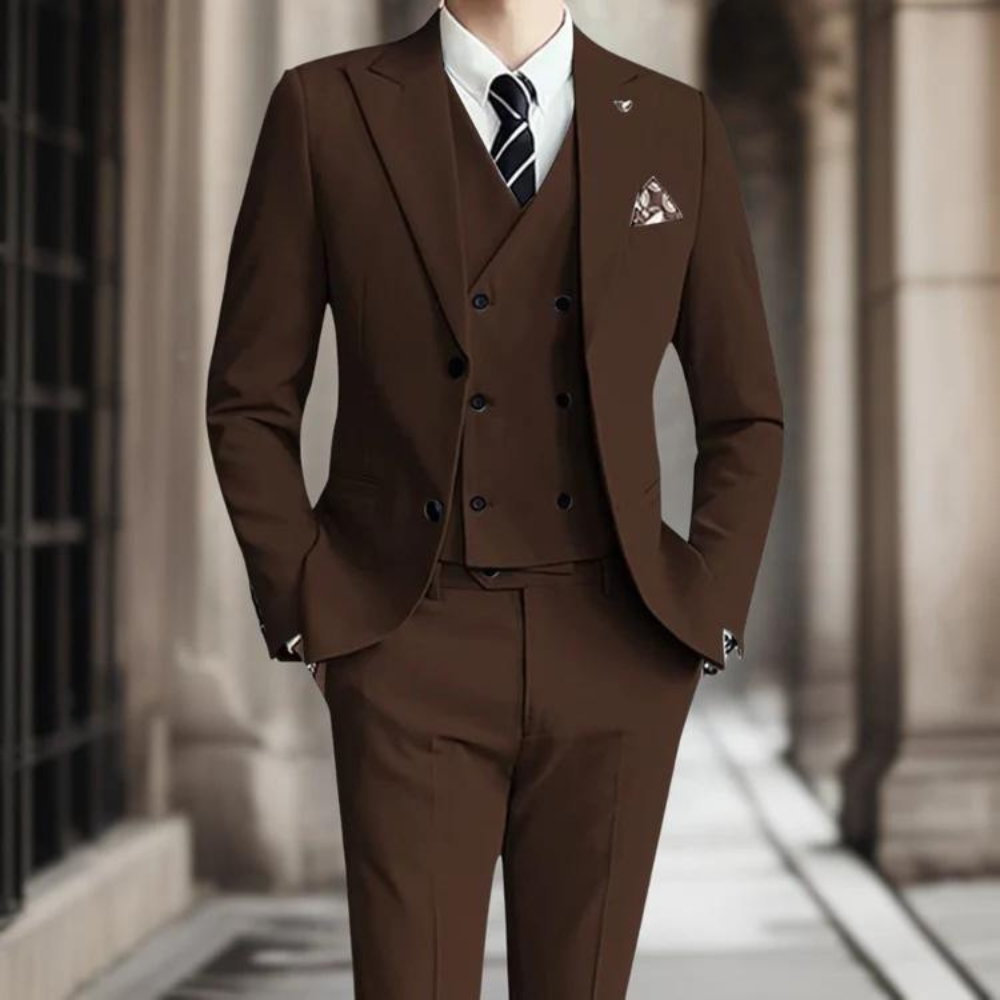 Costume gris 3 pièces homme, idéal pour mariage, cérémonie ou soirée formelle. Veste, pantalon et gilet inclus.
