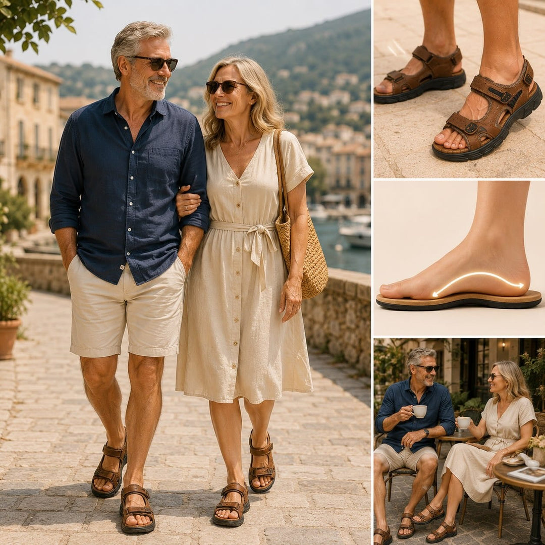 Pied dans sandale orthopédique homme, confort maximal, soutien voûte plantaire. Idéal pour l'été.