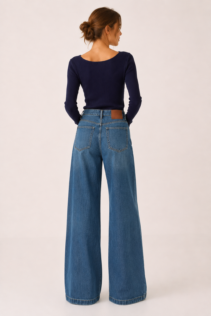 Découvrez ce jean femme taille haute et coupe droite. Un pantalon baggy bleu, confortable pour un look décontracté tendance.