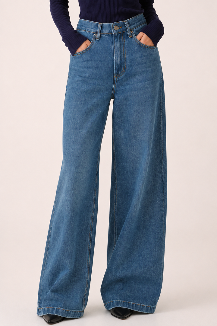 Jean baggy bleu pour femme, avec taille haute et coupe droite. Un pantalon à jambes larges idéal pour le style urbain.