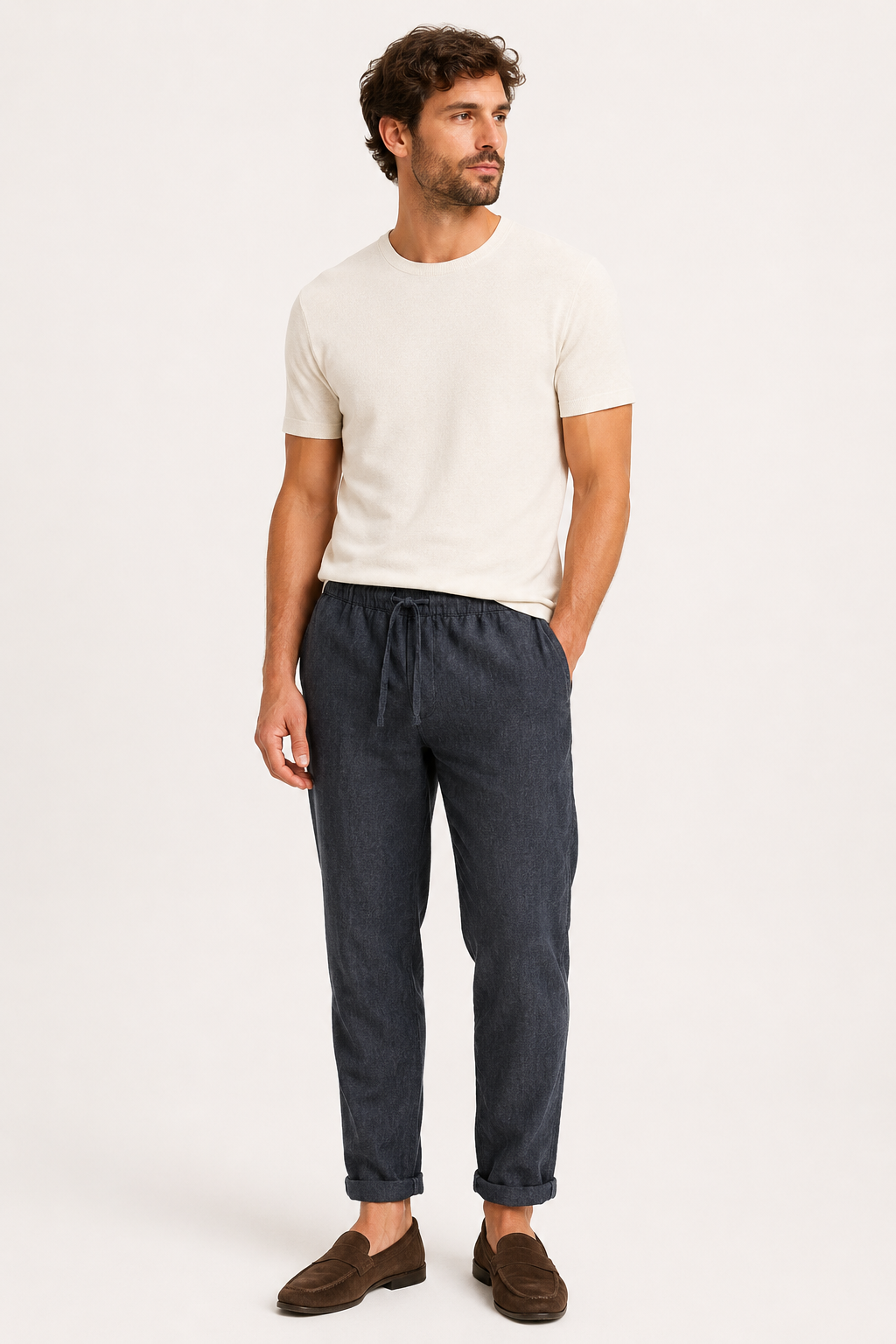 Pantalon décontracté homme, taille élastique, coupe droite. Idéal été, voyage. Confortable et léger.