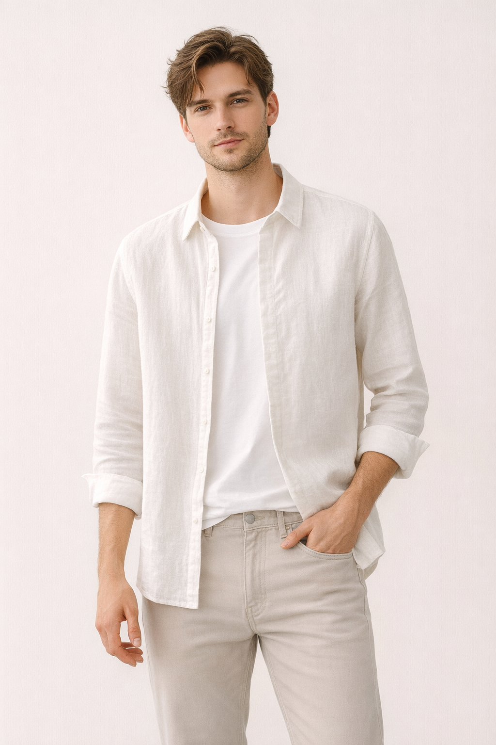 Chemise décontractée homme à manches longues, idéale pour un look casual chic et la mode estivale.