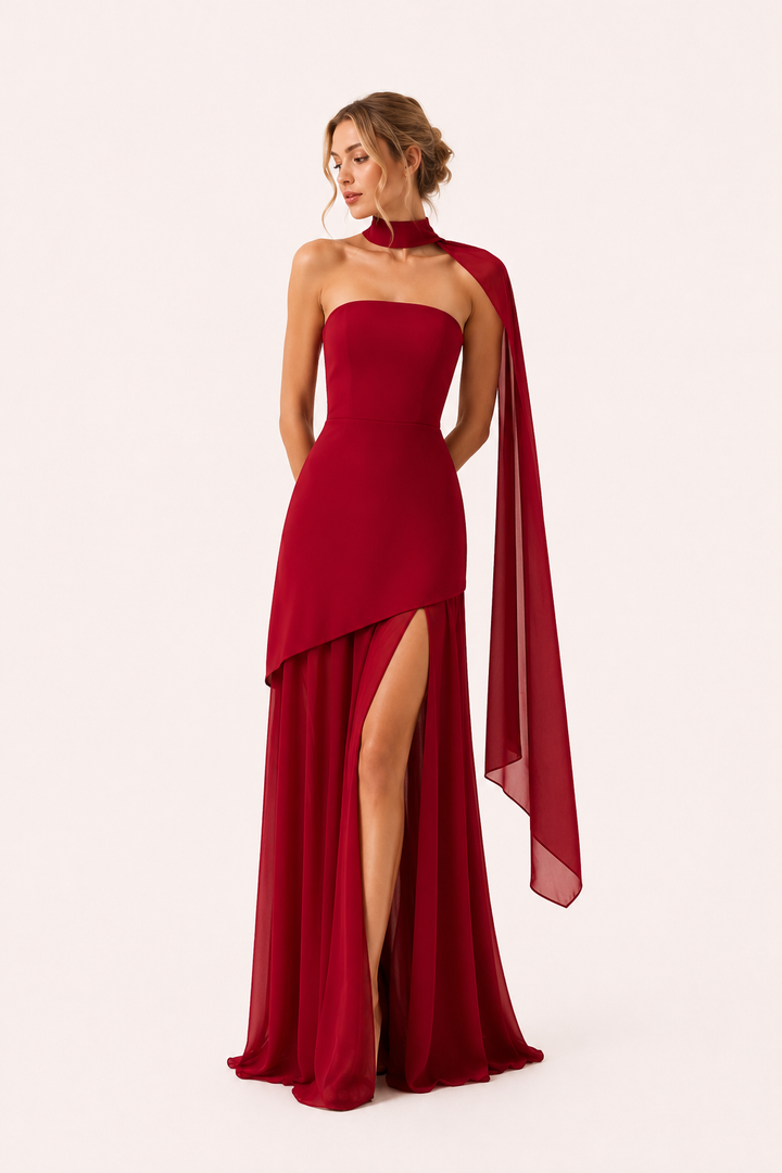 Robe femme longue élégante avec fente, style soirée ou invitée de mariage. Idéale pour un look chic et raffiné en été.