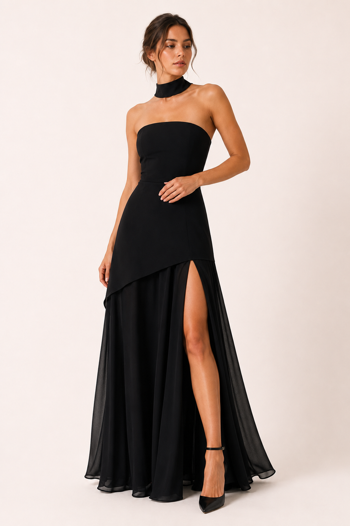 Robe de cérémonie longue et chic pour femme, avec une fente haute mettant en valeur la silhouette, parfaite pour soirée.
