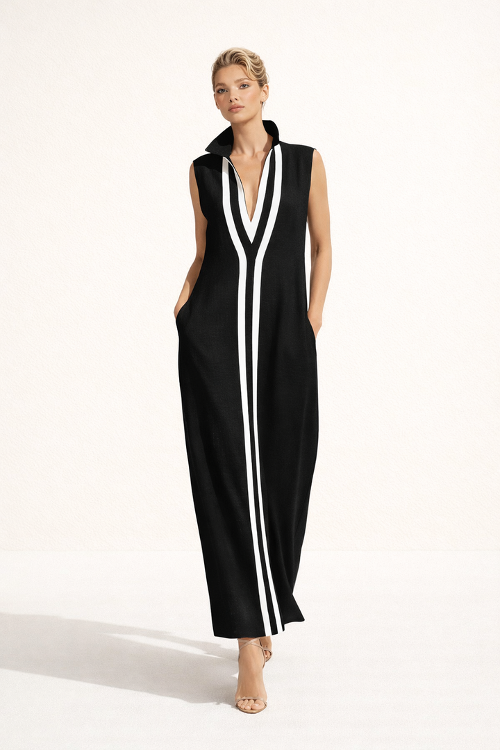 Robe longue femme élégante à décolleté V, idéale pour l'été ou le printemps, look chic et fluide.