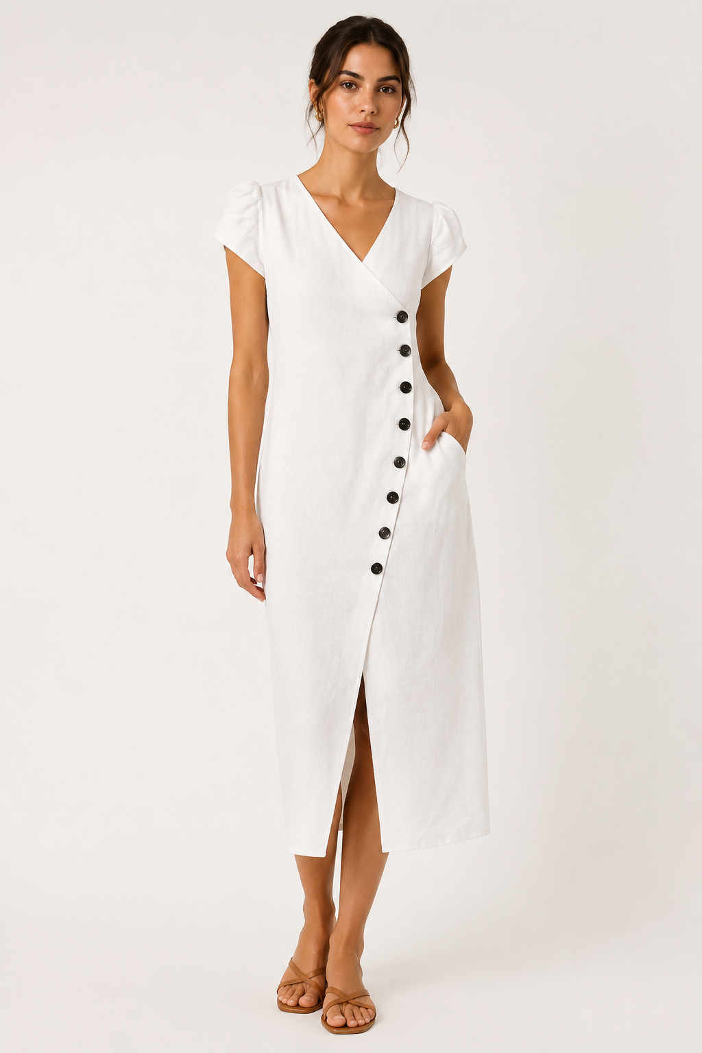 Robe midi femme chic et confortable, encolure V, boutons latéraux. Pièce polyvalente pour la mode.