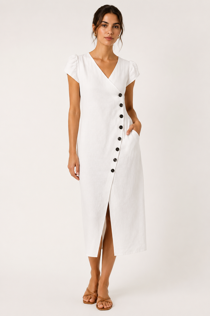 Robe midi femme chic et confortable, encolure V, boutons latéraux. Pièce polyvalente pour la mode.