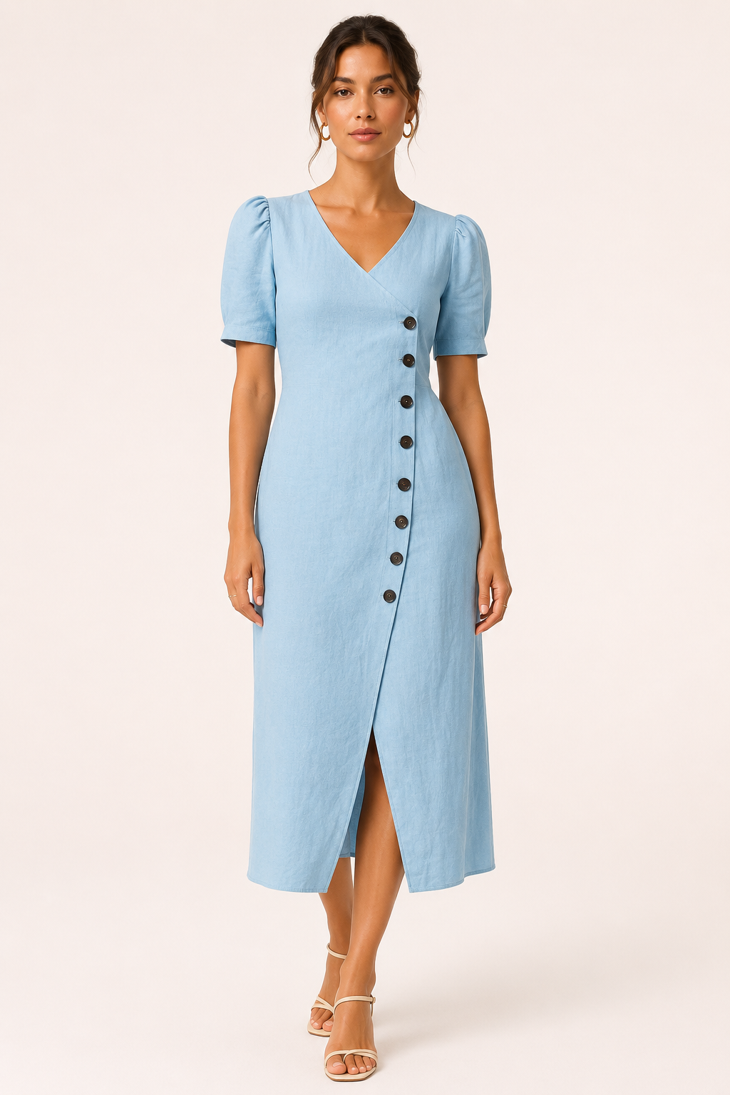 Robe midi femme chic avec encolure V et boutons décoratifs. Un style moderne et confortable.