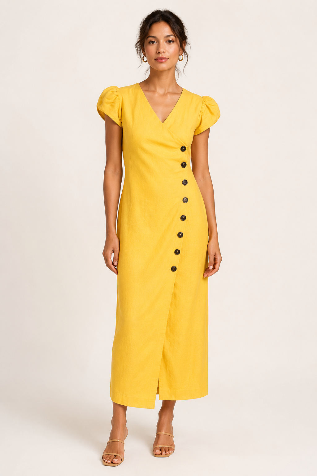Robe midi femme élégante encolure V, coupe chic décontractée et boutons latéraux pour l'été.