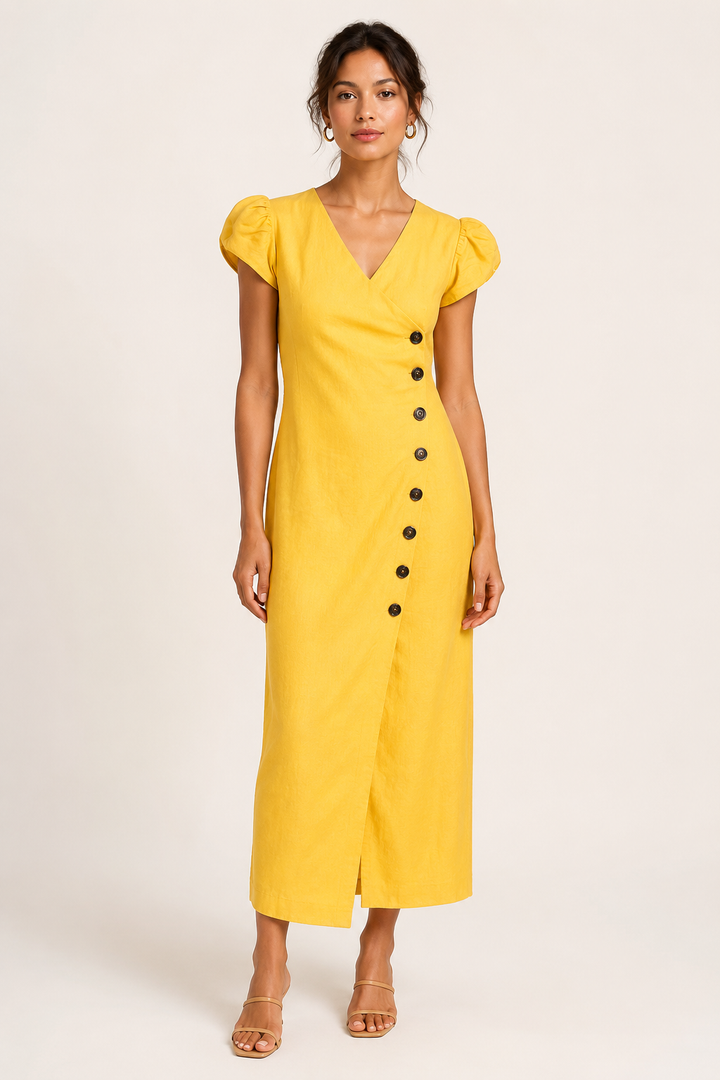 Robe midi femme élégante encolure V, coupe chic décontractée et boutons latéraux pour l'été.
