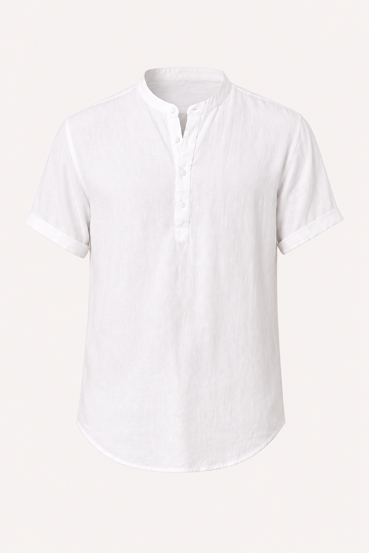 Chemise homme chic décontractée, col mao, manches courtes, mode masculine pour l'été.