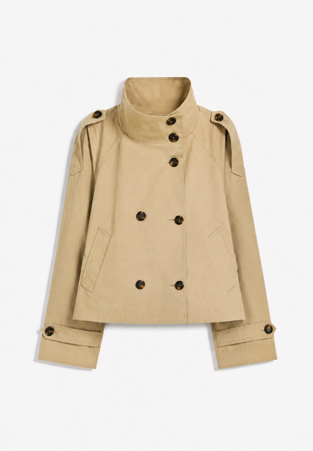 Manteau court femme kaki tendance. Trench ceinturé avec col montant, parfait pour l'automne et la mode féminine.
