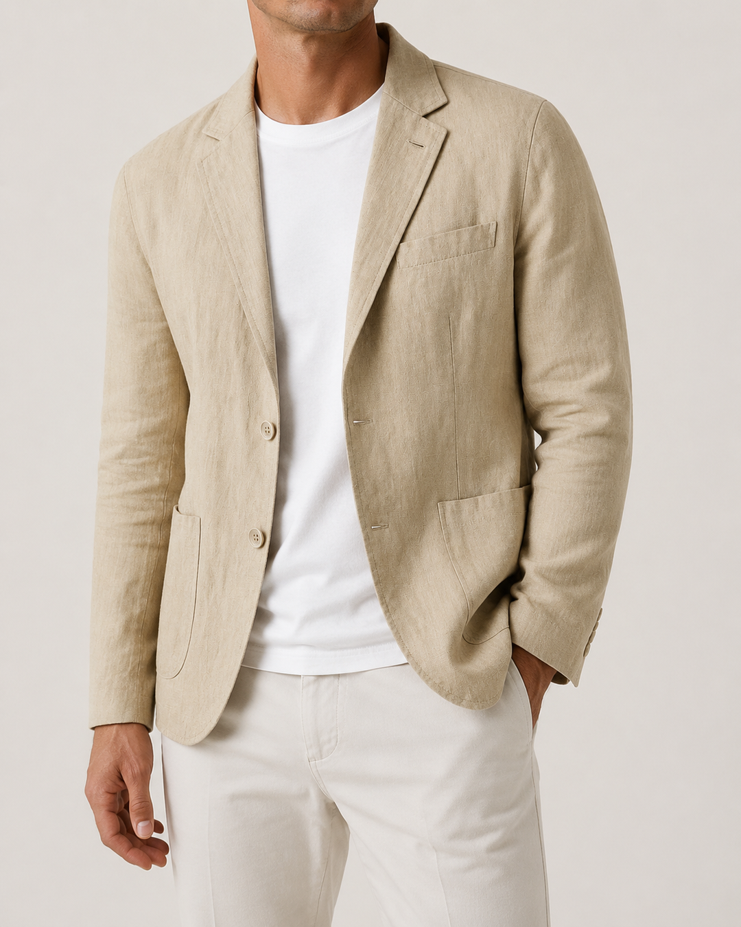 Mode homme: blazer élégant coupe droite, deux boutons, parfait pour l'été et les fêtes.