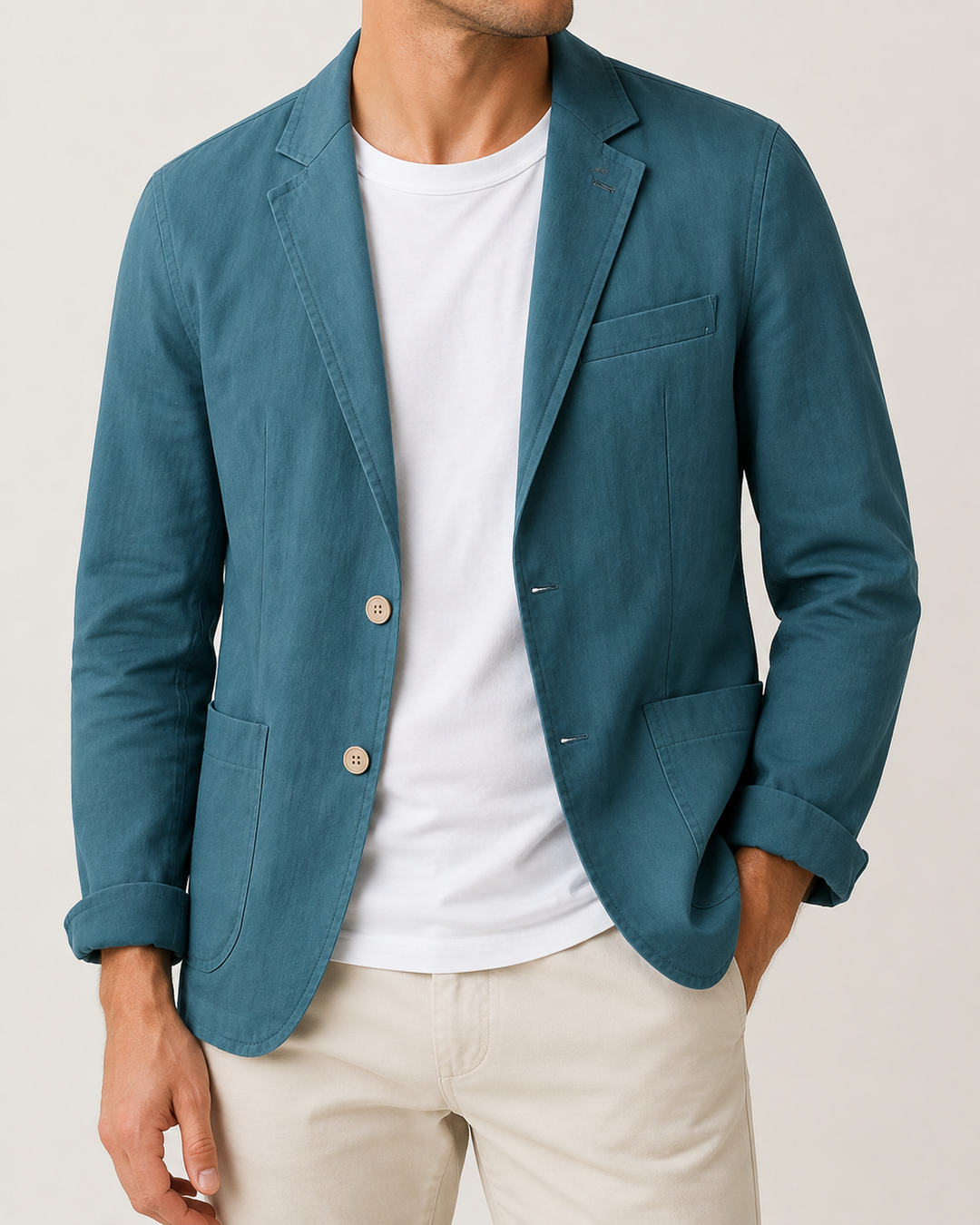 Veste homme blazer coupe droite, deux boutons, couleur pastel pour tenue de mariage d'été.