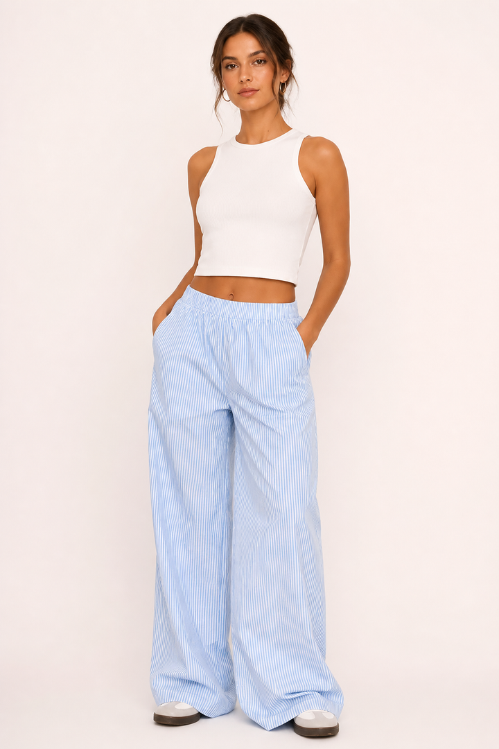 Pantalon femme large rayé décontracté, idéal été/printemps. Confort ultime, taille élastique.