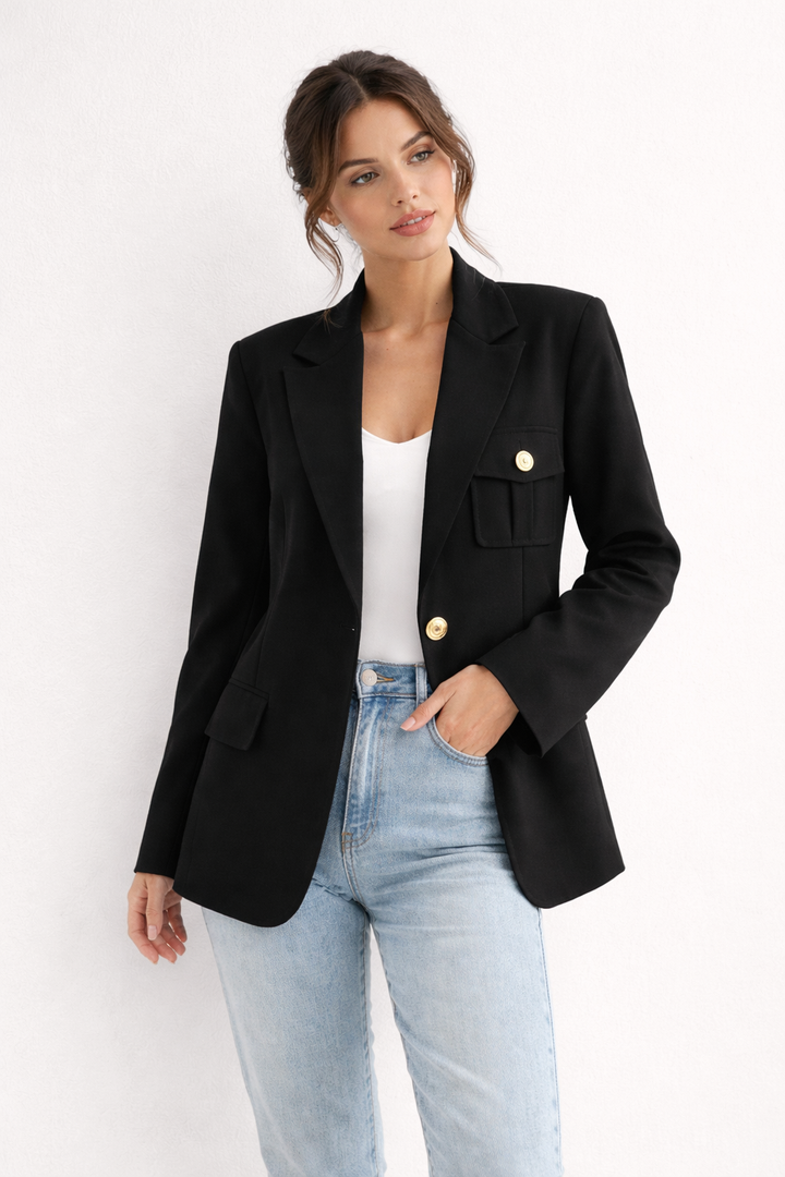 Dos du blazer femme à coupe ajustée, soulignant une silhouette élégante et moderne. Veste chic.