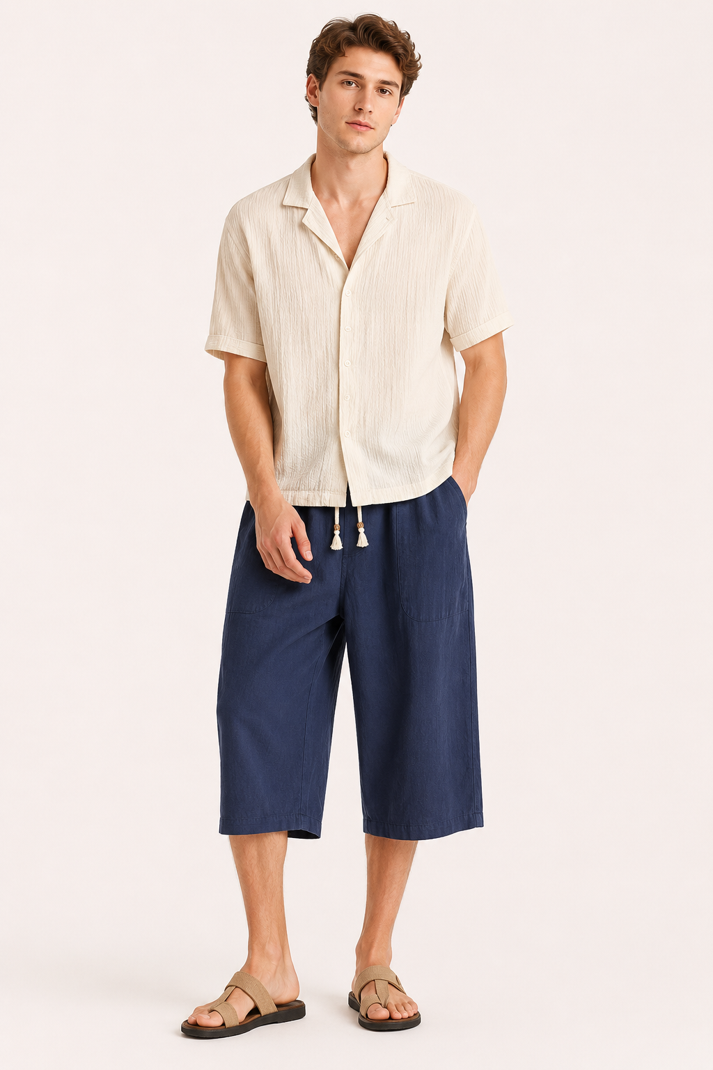 Pantalon court homme avec taille élastique pour ajustement facile, style décontracté estival.