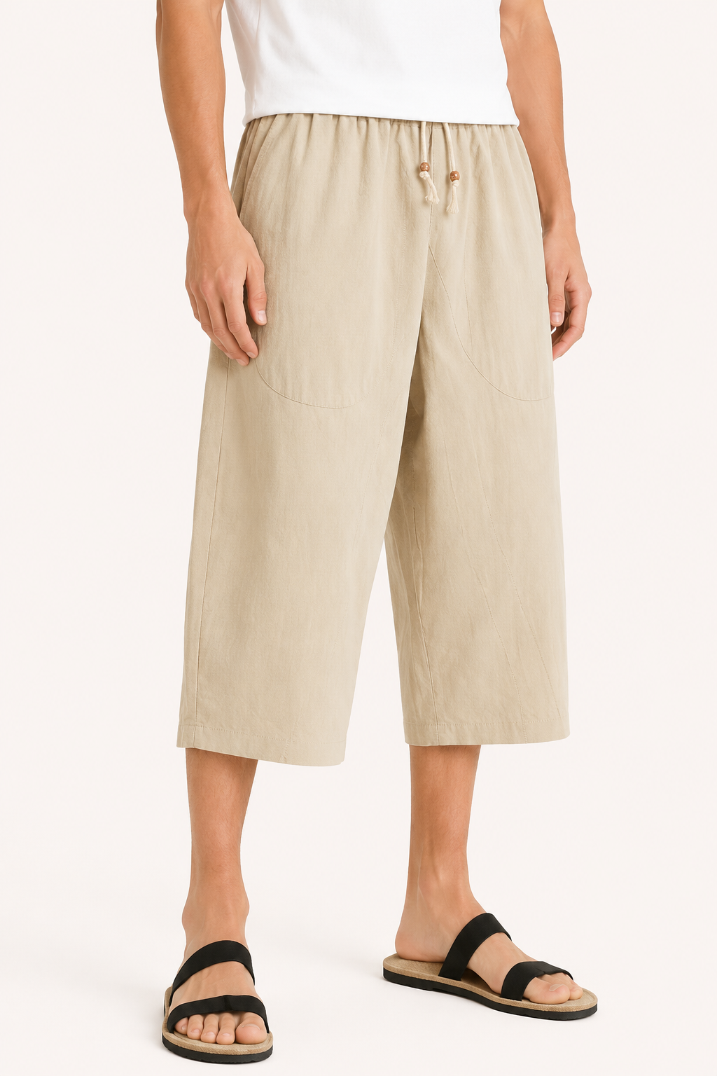 Pantalon court homme décontracté, idéal été et vacances, taille élastique pour confort optimal.