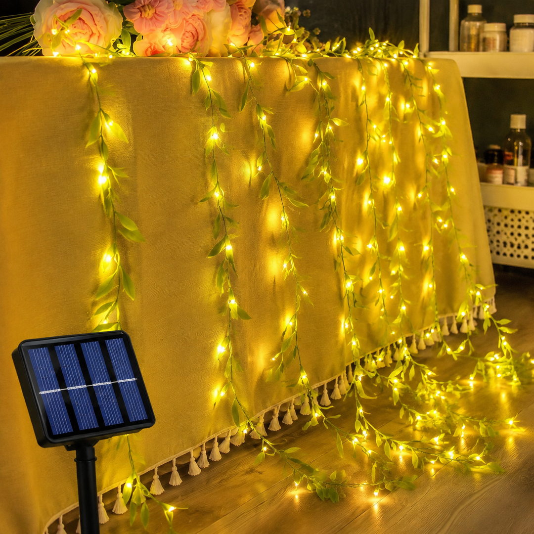 Guirlande solaire LED lierre artificiel étanche, 8 modes d'éclairage extérieur pour toute occasion.