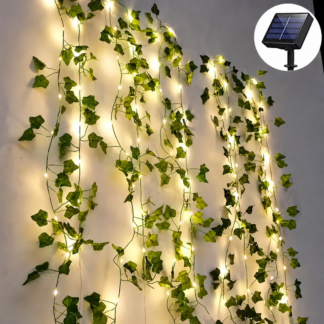 Guirlande solaire LED lierre étanche, 8 modes, idéale pour une ambiance lumineuse de fête ou mariage.
