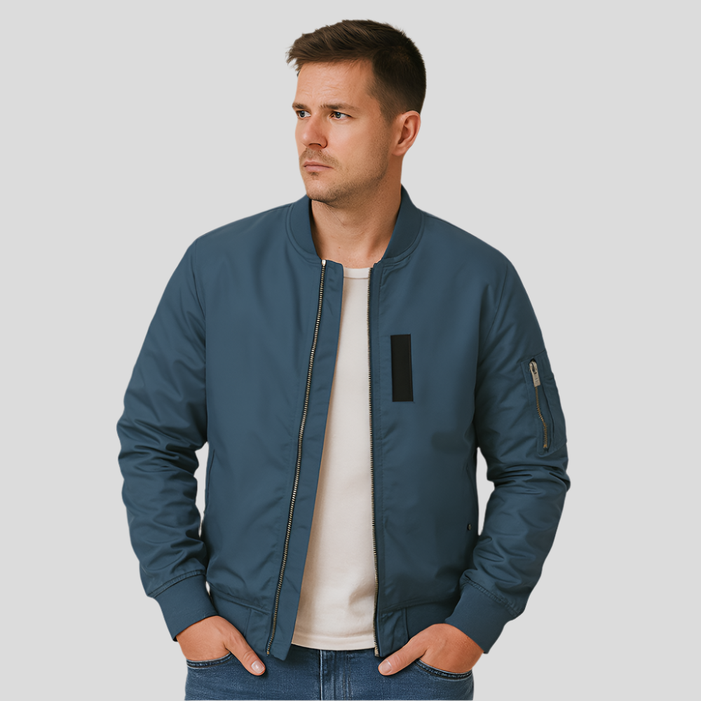 Veste blouson bombardier homme, style minimaliste urbain. Confortable et tendance pour un look automne élégant.