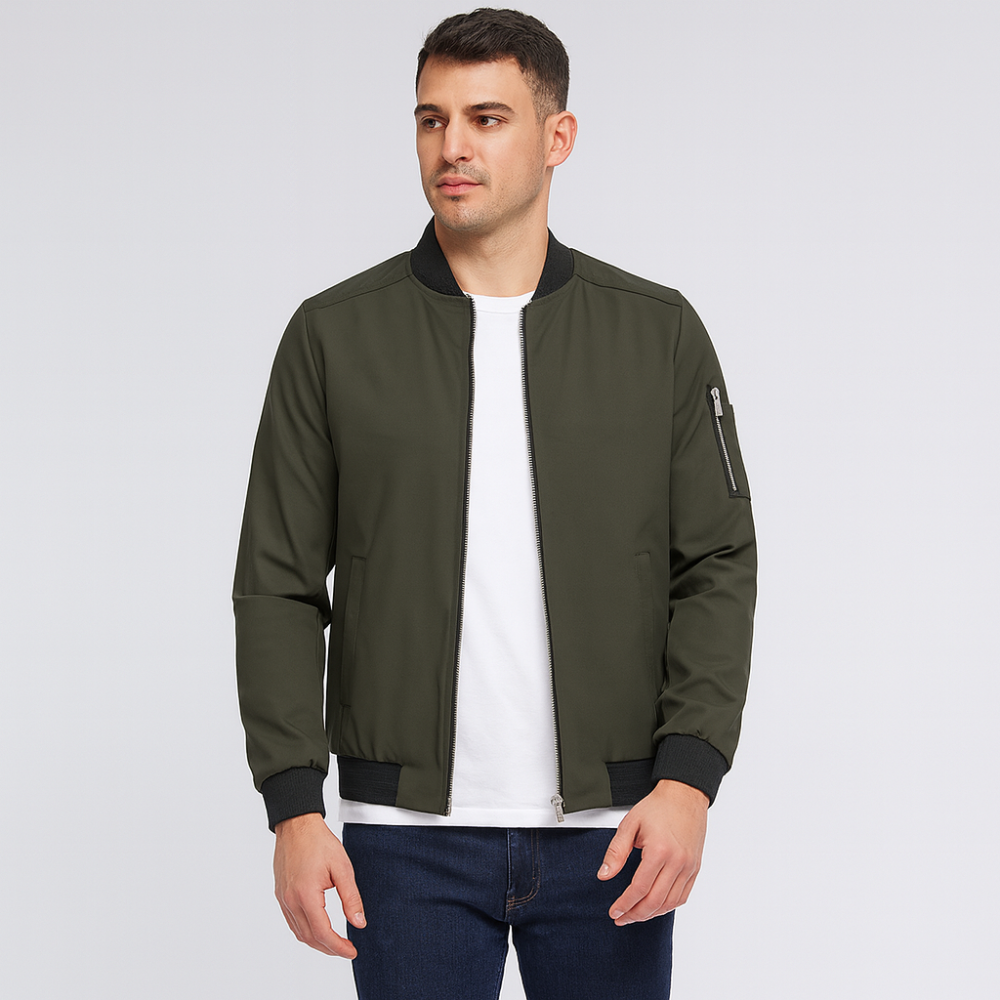 Blouson bombardier homme minimaliste, noir, style urbain élégant pour mode masculine casual printemps automne.