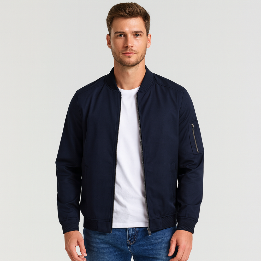 Veste bombardier homme confortable, coupe minimaliste, polyvalente pour un style urbain streetwear automne.