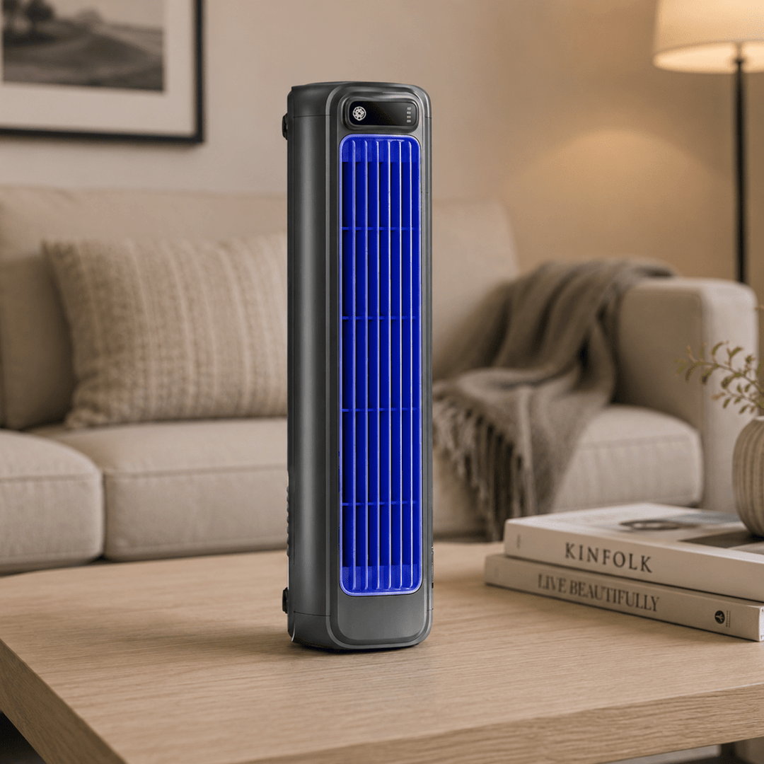 Ventilateur de bureau USB sans fil compact gris, idéal pour le rafraîchissement personnel au travail ou à la maison.
