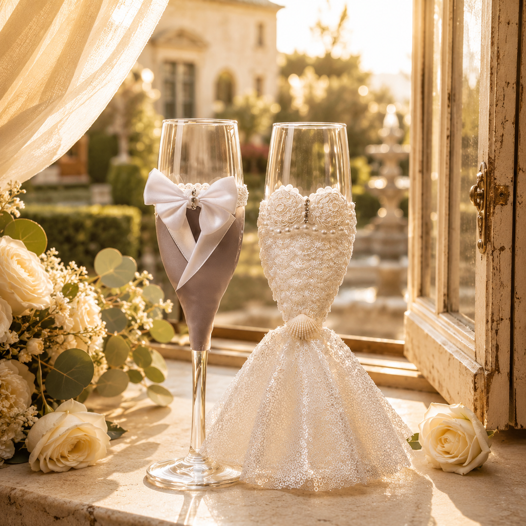 Lot de 2 verres à champagne élégants, parfaits pour célébrer des fiançailles ou un événement spécial de mariage.