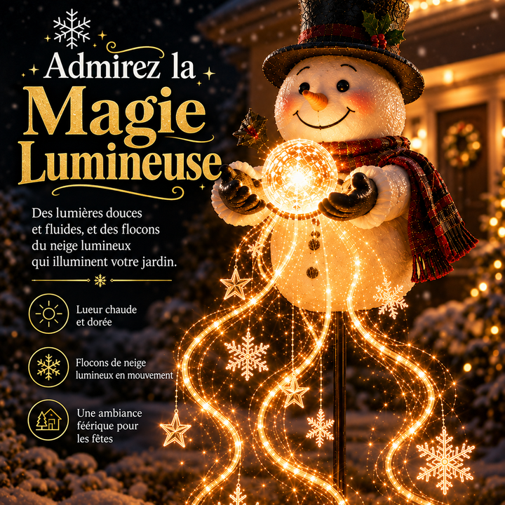 Figurine de Noël: Fontaine bonhomme de neige lumineuse. Décor hivernal scintillant créant une ambiance festive.