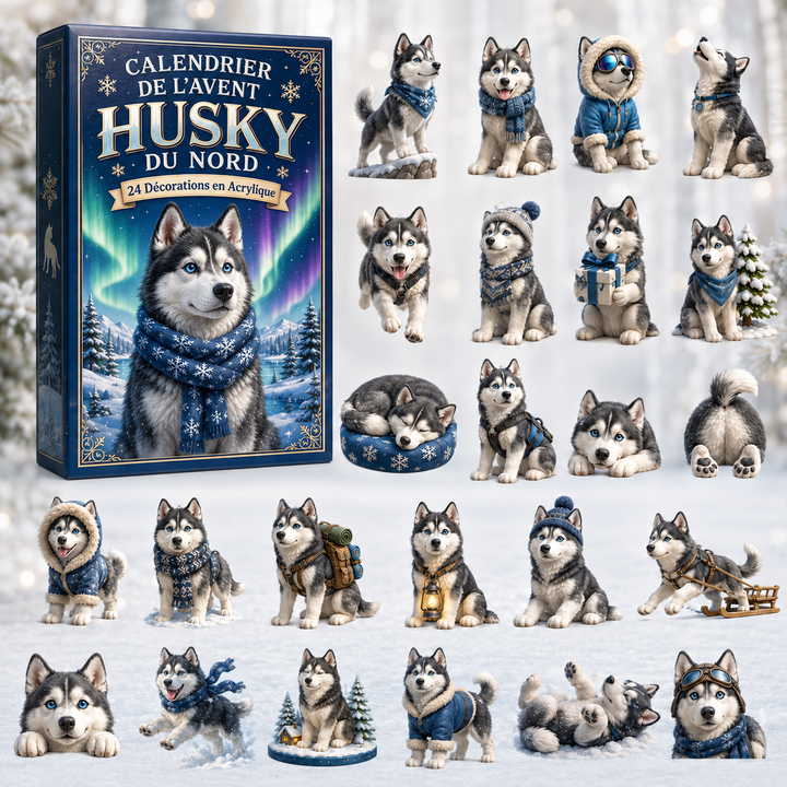 Calendrier de l'Avent Husky de Noël avec 24 compartiments. Décoration festive et amusante pour enfants et famille.