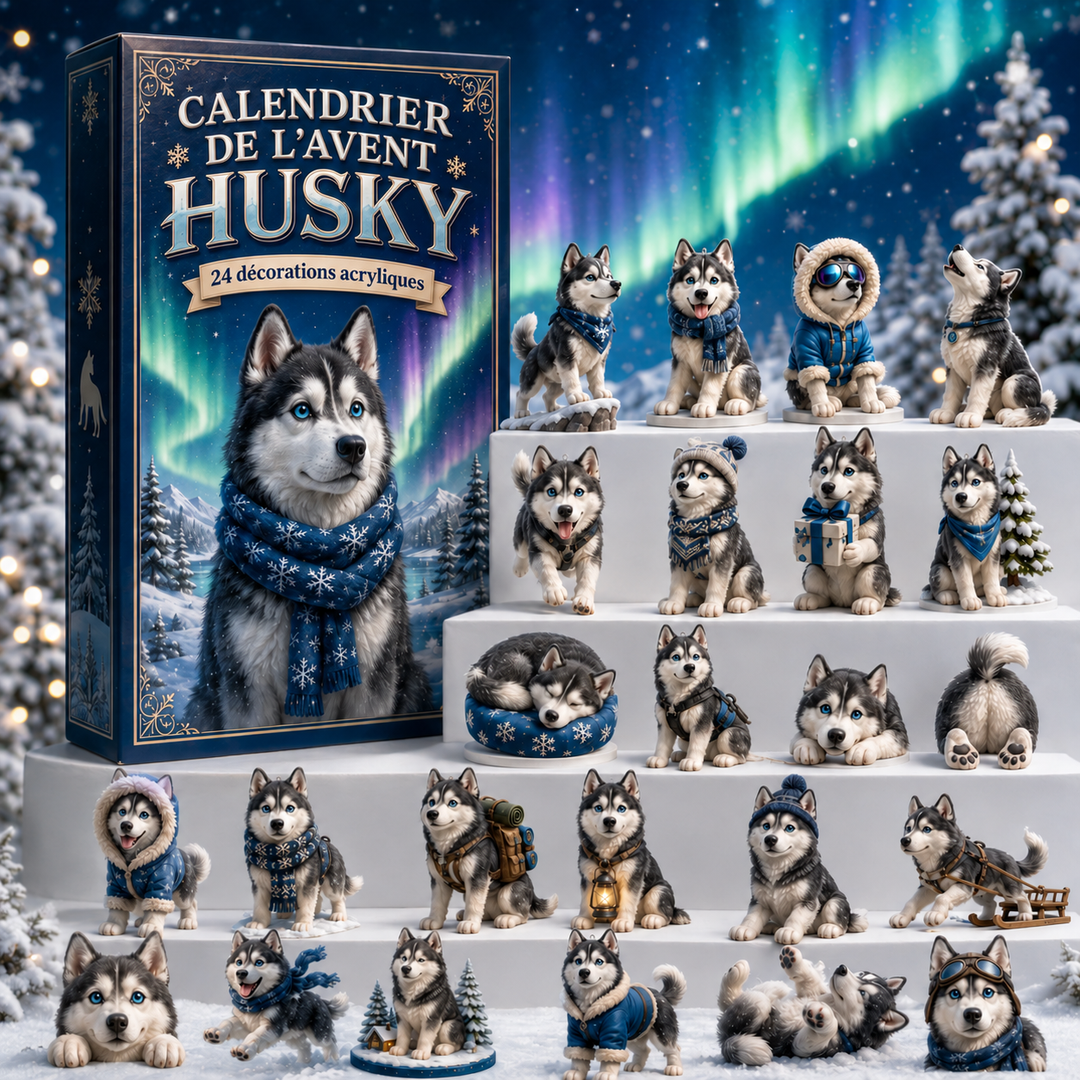 Magnifique calendrier de l'Avent Husky, design nordique pour Noël. Décoration festive avec animaux pour hiver magique.