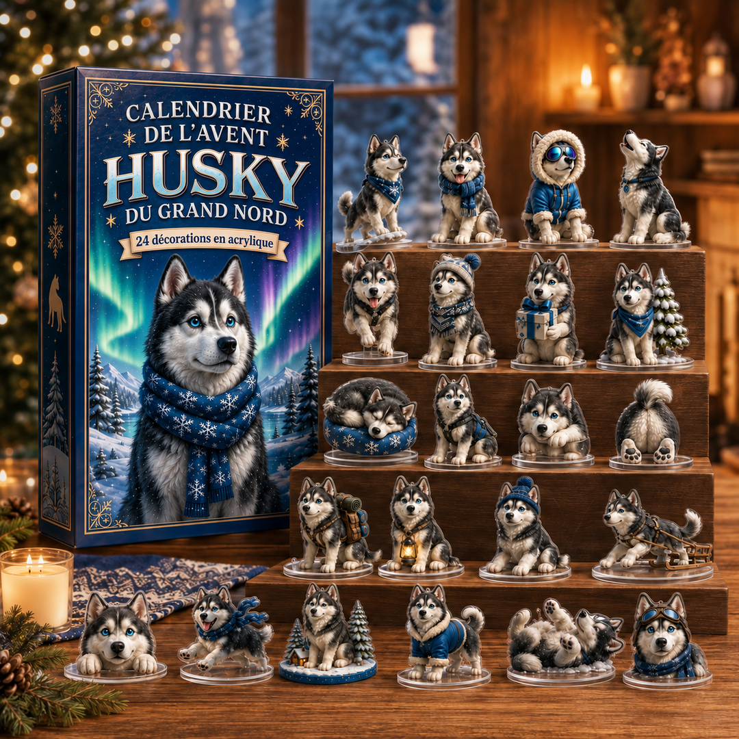 Calendrier de l'Avent Husky édition 2026. Décoration de Noël unique, cadeau festif pour le compte à rebours hivernal.