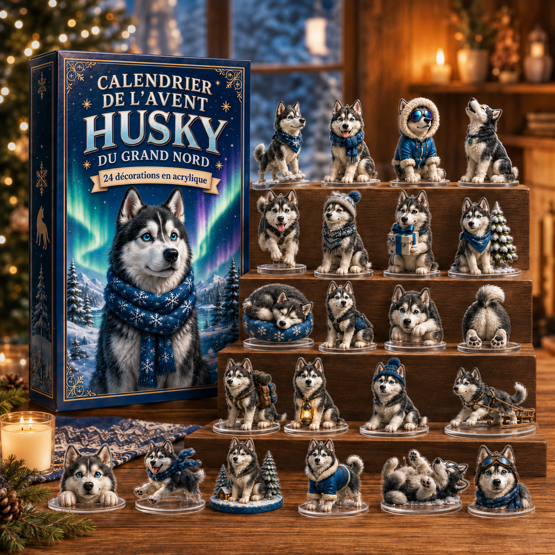 Famille ouvrant le calendrier de l'Avent Husky 2026, décoration de Noël festive pour un compte à rebours joyeux.