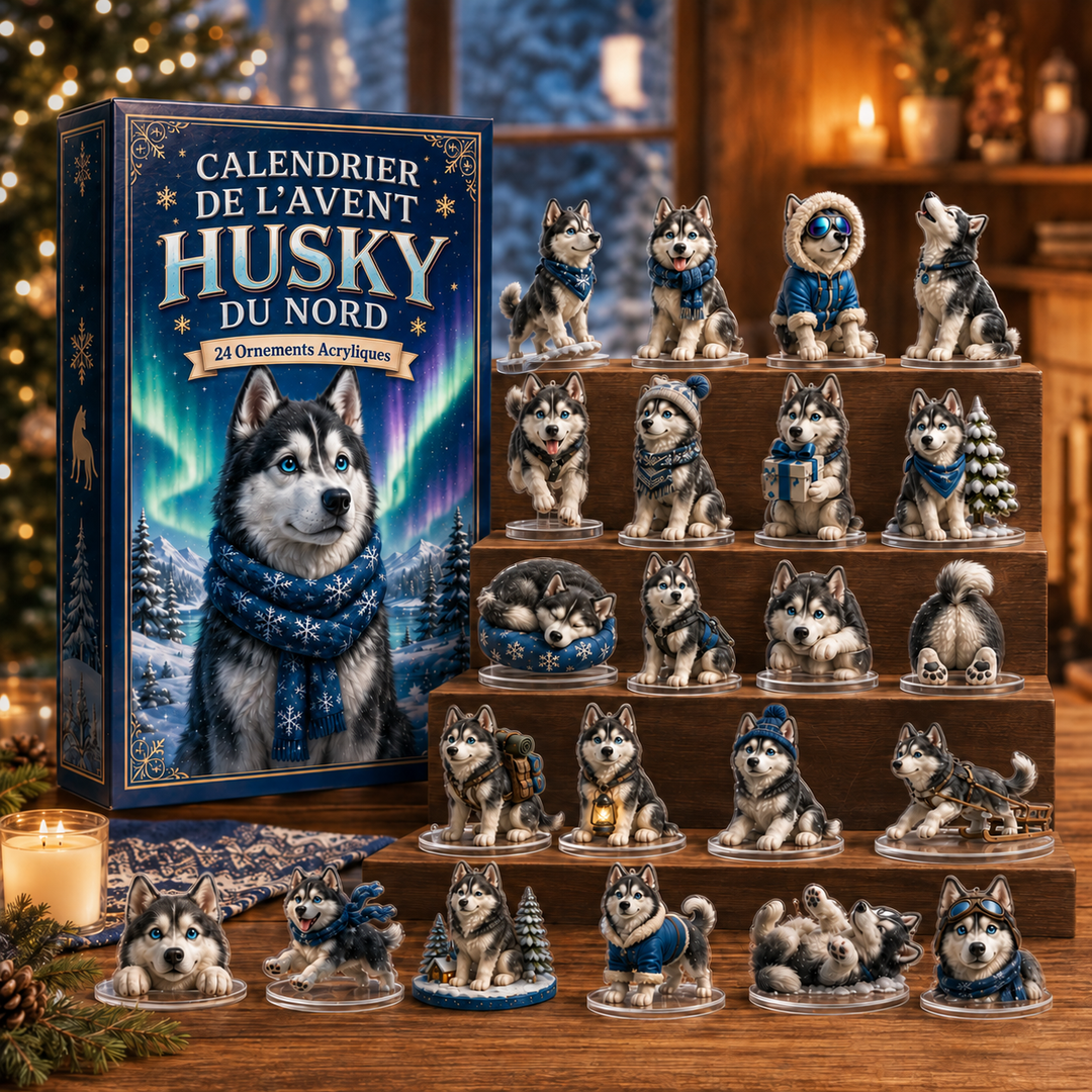 Calendrier de l'Avent husky avec compartiments ouverts, révélant une surprise de Noël. Idéal pour enfants.