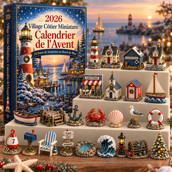 Village côtier miniature de Noël: Calendrier Avent festif avec 24 décorations maritimes; ambiance hivernale enchantée.